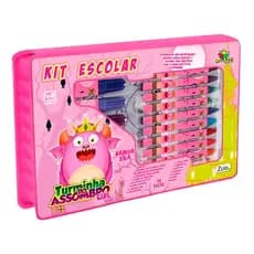 Kit Escolar 94 Pc Rosa Material Completo Kids Canetinhas Lapis Giz Estojo Educativo Colorir Desenho