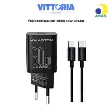 Carregador PD 30W Y08 Tipo-C Carregador Turbo 6A com Cabo Fast Charger Carregamento Rápido Leve e Portátil