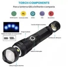 Lanterna Tática Super Potente Led Luz Forte Zoom Mecânico 18,5cm Recarregável USB Camping HW12