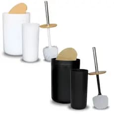 Kit Lixeira E Escova Sanitaria PAra Banheiro Com Tampa Bambu