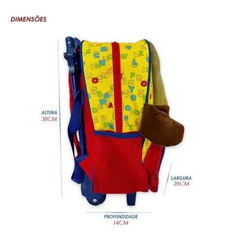 Mochila Escolar Rodinha Infantil Tema Ursinho Grande Capacidade Vermelha Amarela