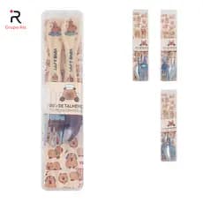 Kit Talher Garfo Colher Infantil Com Estojo Bebe Aço Inoxidável