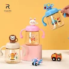 Copo Infantil 350ml com Canudo Silicone Antivazamento + Alça | Garrafa Squeeze Bebê 3 Modelos