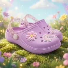 Sandália Babuche Infantil Menina de Fivela Glitter Casual Enfeite Flor + Arco Íris Leve Macio Verão