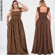 Vestido BIA Longo Feminino onça Plus Size Elegante Festa Manga Alça de Babado Crepe Dunas Casual conforto Moda Maior.