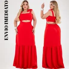 Vestido ISA Longo Plus Size Crepe Dunas Alças de Amarrar 1 Maria cintura Lastex Soltinho Modelo Casual confortavel verao
