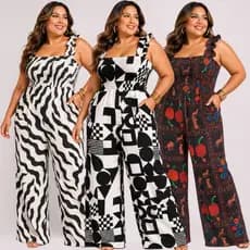 Macacão Pantalona Iris Plus Size Longo Estampado Geométrico alça de babado Decote Quadrado Moda Casual Elegante Passeio