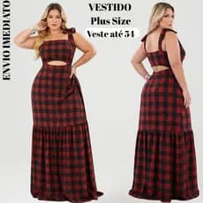 Vestido ISA Longo Plus Size Xadrez feminino Decote Vazado Alças de Amarrar Casual Festa confortável do 46 ao 56.