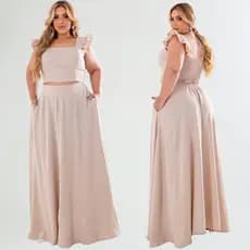 Conjunto godê Longo Plus Size Cropped Lastex e Saia Fluida longa Cintura Alta Moda Feminia Elegante Festa Casual