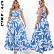 Conjunto Godê Cropped Saia Fluía Longo Plus Size Moda Maior Feminina Confortável sem manga Casual estação dia a dia