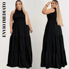 vestido cavado longo Plus Size Moda Maior  Evangélico 3 Maria Crepe Duna confortavel tendência mulher gola alta s/ manga