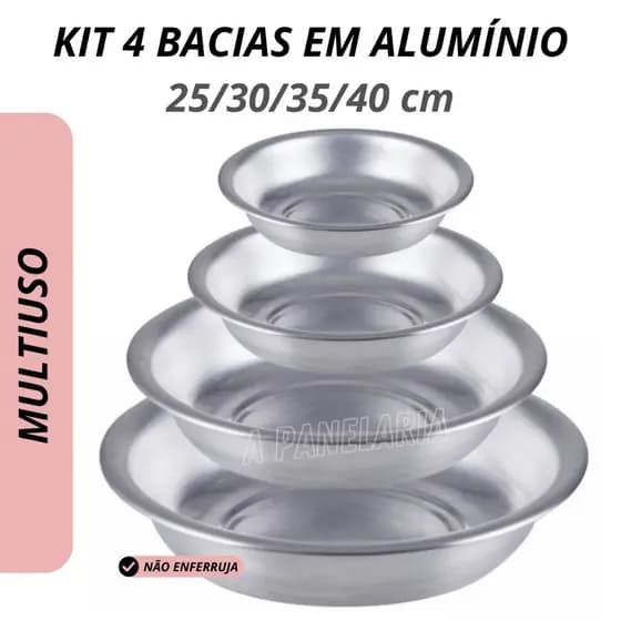 Kit 4 bacias alumínio 25/30/35/40 cm alumínio leve multiuso cozinha cuba média grande pequena