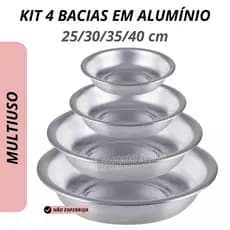 Kit 4 bacias alumínio 25/30/35/40 cm alumínio leve multiuso cozinha cuba média grande pequena