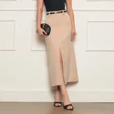 Saia Midi Alfaiataria Com Cinto Com Fenda Bolso Lateral Moda evangélica festa