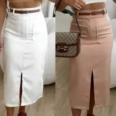Saia Midi Alfaiataria Com Cinto Bolso Frontal Moda evangélica