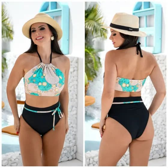 Biquíni Cintura Alta com Bojo Removível e Calcinha Hotpant  e Top Cropped para Praia 2026