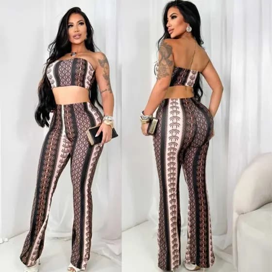 conjunto femenino calça flare top tomara que caia com bojo estampadas