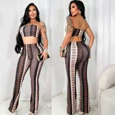 conjunto femenino calça flare top tomara que caia com bojo estampadas
