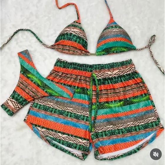 Biquíni Feminino com Short 3 Peças Estampado Floral
