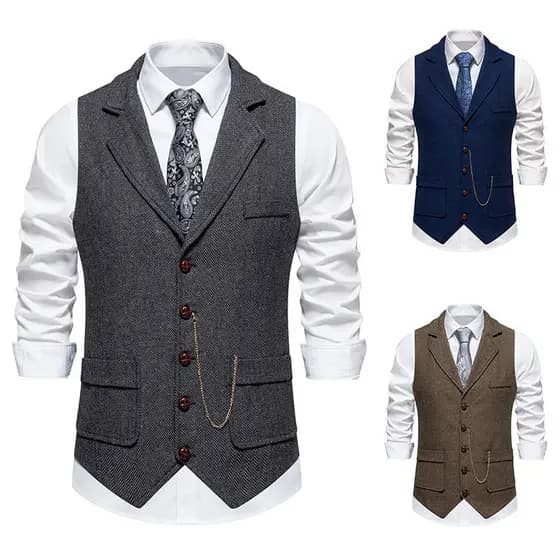 Colete Masculino De Tweed , Casual De Lã Espinha De Peixe Ocidental Para Padrinho