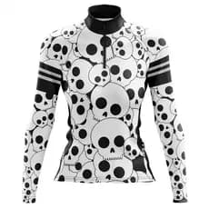 Camisa Ciclismo Mountain Bike Pro Tour Caveiras Branca Feminina Manga Longa Pedalar Ciclista Dry Fit Protecao UV Bolsos