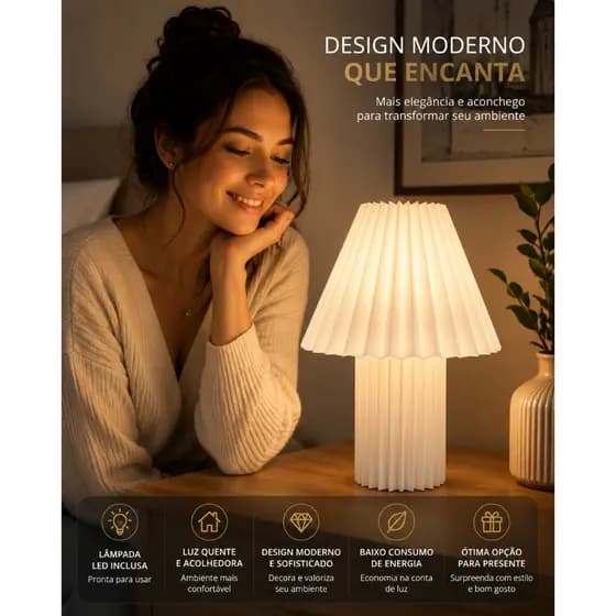 Abajur Plissado Geométrico Moderno LED de Mesa para Quarto Sala Escritório com Lâmpada Inclusa