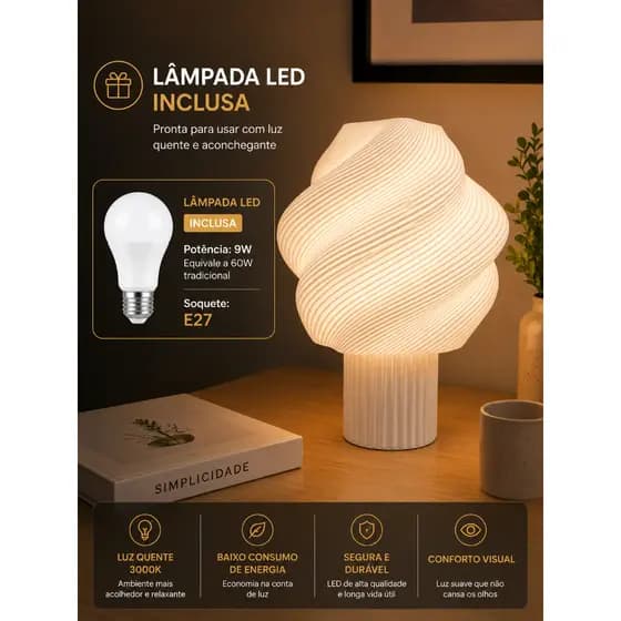 Abajur Twist LED Decorativo Moderno para Quarto Sala Escritório com Lâmpada Inclusa