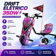 Triciclo Drift Elétrico Infantil 350W Bluetooth Amortecedor Luz LED 3 Velocidades Freio Elétrico Até 100Kg 8.5 Pol E703