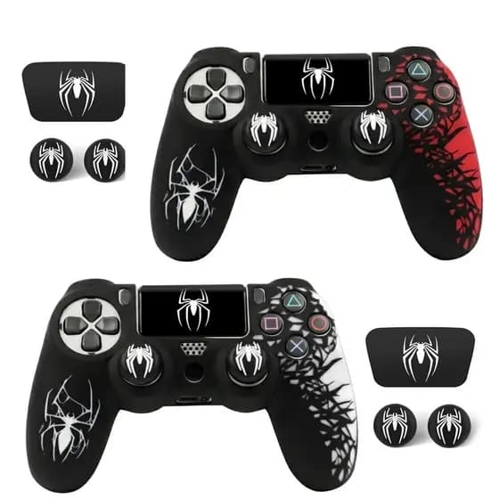 Kit Com Capa Protetora Silicone Spider Man + 2 Grips + Adesivo Touchpad Para Controle Ps4