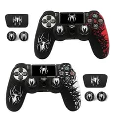 Kit Com Capa Protetora Silicone Spider Man + 2 Grips + Adesivo Touchpad Para Controle Ps4