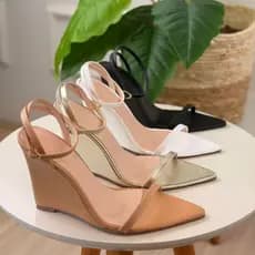 Sandália Anabela Feminina Salto Alto 10cm Bico Folha Tiras Finas Elegante Moda 2026