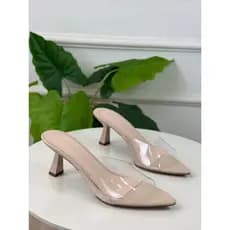 Sandália Tamanco Salto Taça Feminino Cristal Transparente Vinil Bico Fino Confortável Casual Elegante Salto 7cm Alto