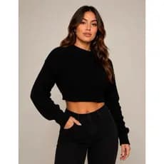 Blusa Cropped Manga Bufante Tricot Feminina com Modelagem Confortável