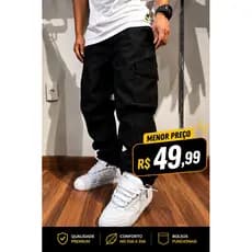 Calça Cargo Preta Boca Larga Unissex 6 Bolsos