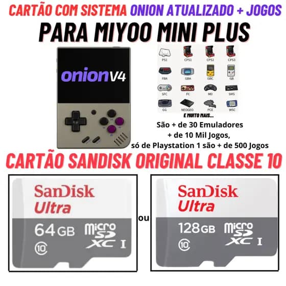 Cartão Original para Miyoo Mini Plus com Sistema Onion e Jogos Só Plugar e Jogar Cartão Sandisk Original Classe 10