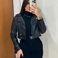 Jaqueta Preto Couro Sintética Feminino Com Zíper Moda Tendência Casaco Inverno