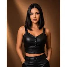 Cropped Feminino Couro Courino Feminino Alcinha Confortável Zíper nas Costas Macio Com Bojo