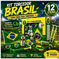 Kit Torcedor Copa do Mundo 2026 Brasil 12 Torcida Bandeira Brasileira Óculos Pulseira Adesivos BR-4