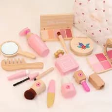 Conjunto De Bolsa De Maquiagem De Madeira Para Meninas-Brinquedo Cosmético De Simulação Com Sombra , Pó , Batom , Perfum