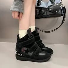 Tênis Femininos de Couro Cano Alto com Fecho de Velcro e Rebites, Calçados Esportivos Casuais com Aumento Interno de 6CM