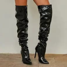 Botas Acima do Joelho Femininas da Moda, Bico Fino, Pretas, com Zíper Lateral, Salto Alto Fino, Brilhantes e Plissadas,