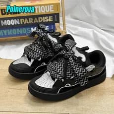Tênis Casuais para Casal em Cores Misturadas Preto e Branco, Solado Grosso Reflexivo, Tênis de Caminhada com Cadarço, Re