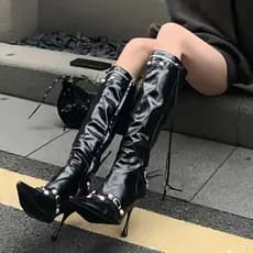 Novas Botas Altas Femininas Estilo Cavaleiro com Franjas e Zíperes Laterais, Elegantes, de Bico Fino, Calçados Femininos