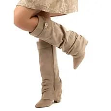 Botas Femininas de Cano Alto com Fivela de Metal Pontuda para Outono e Inverno, Botas de Salto Alto Grosso, Botas de Can