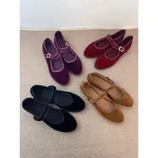 Sapatos Mary Jane de Veludo para Mulheres, Costura Manual, Sapatilhas Casuais para Uso Urbano, Sapatos de Tecido Vermelh