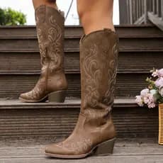 Botas Femininas Retrô Estilo Western Bordadas - Bico Fino, Salto Bloco Alto, Cobertura Falsa com Forro de Tecido e Sola