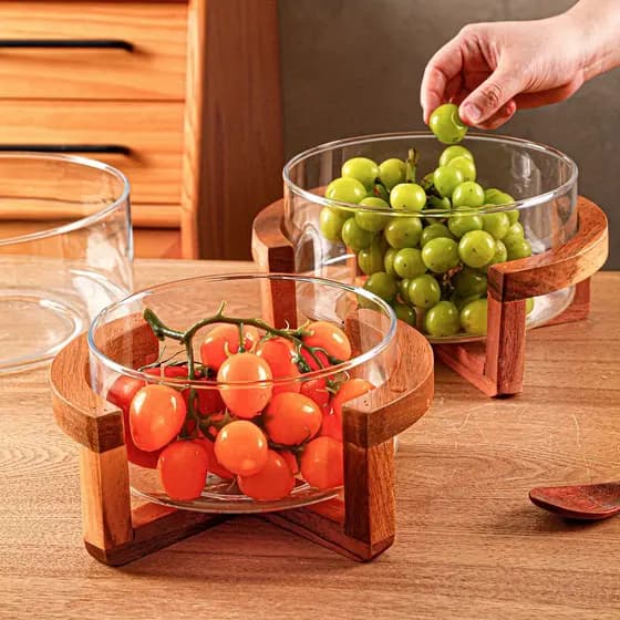 Prato De Frutas De Vidro Com base De Madeira De Acácia , 2 Unidades , Tigela Doméstica , Saladeira , 1 Bandeja