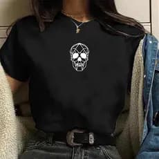 Camiseta Feminina Geometria Caveira Rock Blusa estampada preta de algodão