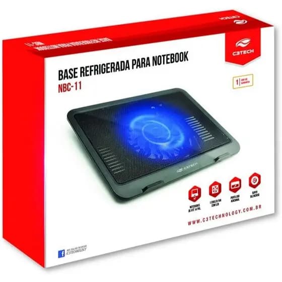 Base Cooler para Notebook C3Tech NBC-11BK até 14 Pol Refrigerada com Ventoinha 140mm LED Azul Suporte Resfriador Preto