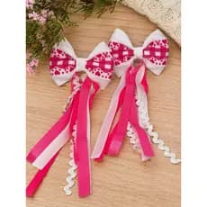 Par de Laços Juninos Branco com Rosa e Corações - Laço de cabelo - Arraia - Festa junina